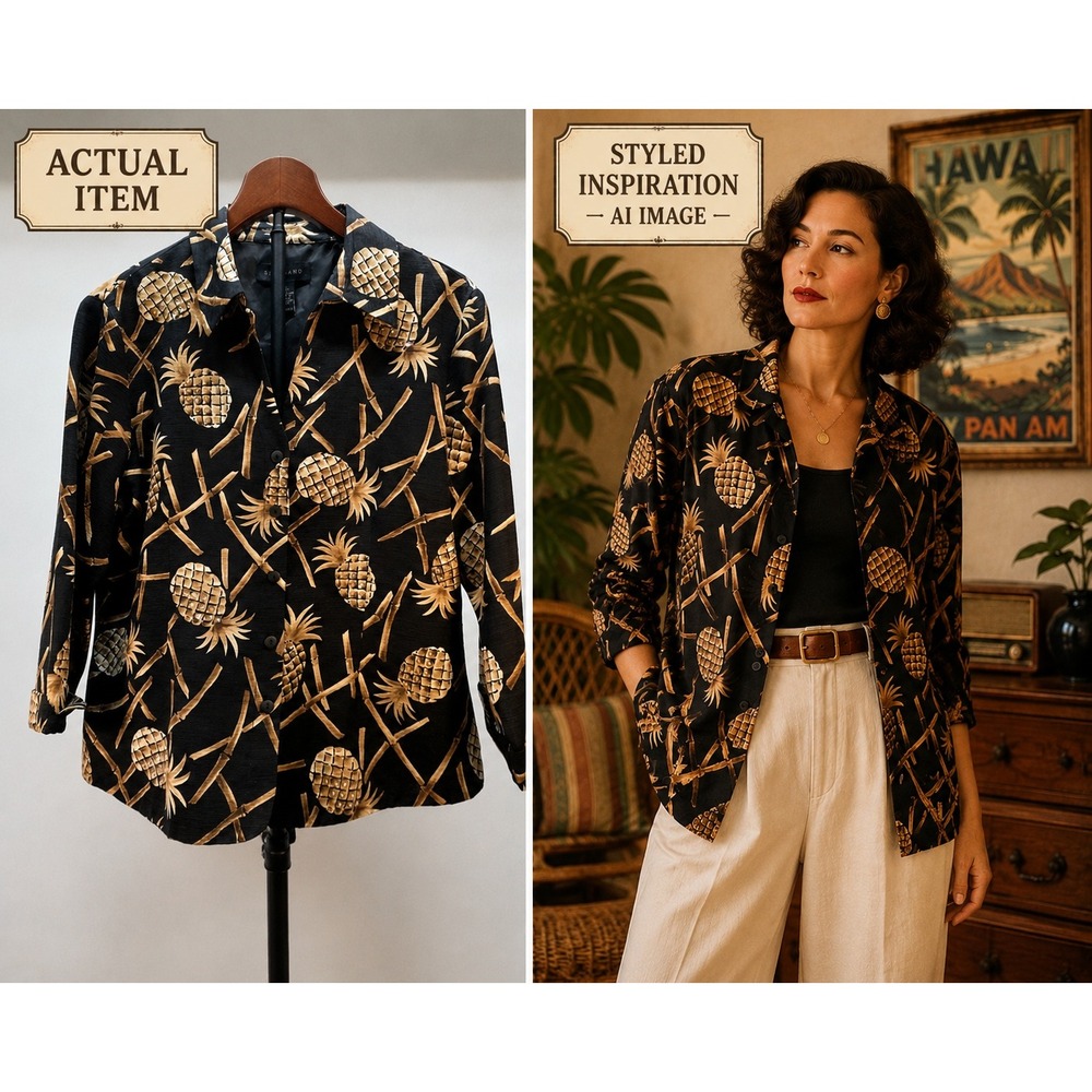 Vintage Silk Land Pure Silk CoastalGrandma Moody Tropical Sequin Crop Jkt (XL)